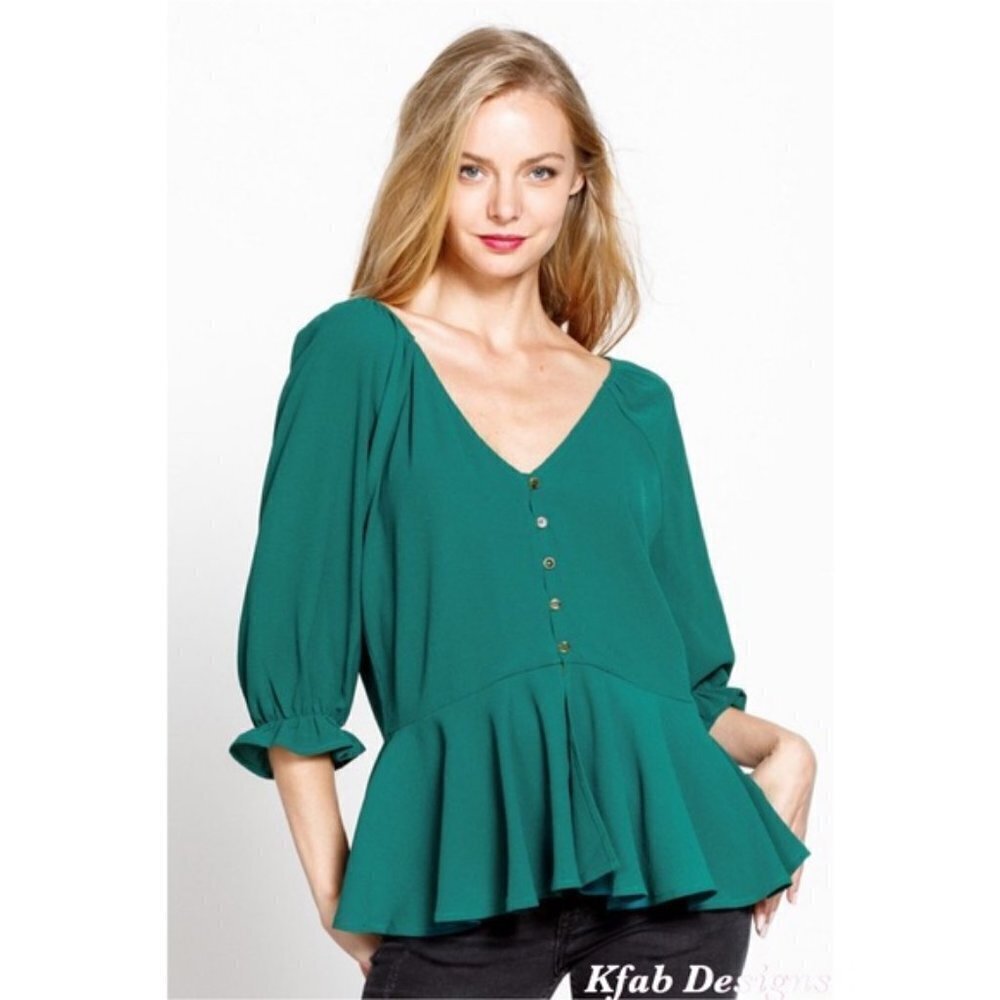 Teal Green Puff Sleeve V-Neck Button Peplum